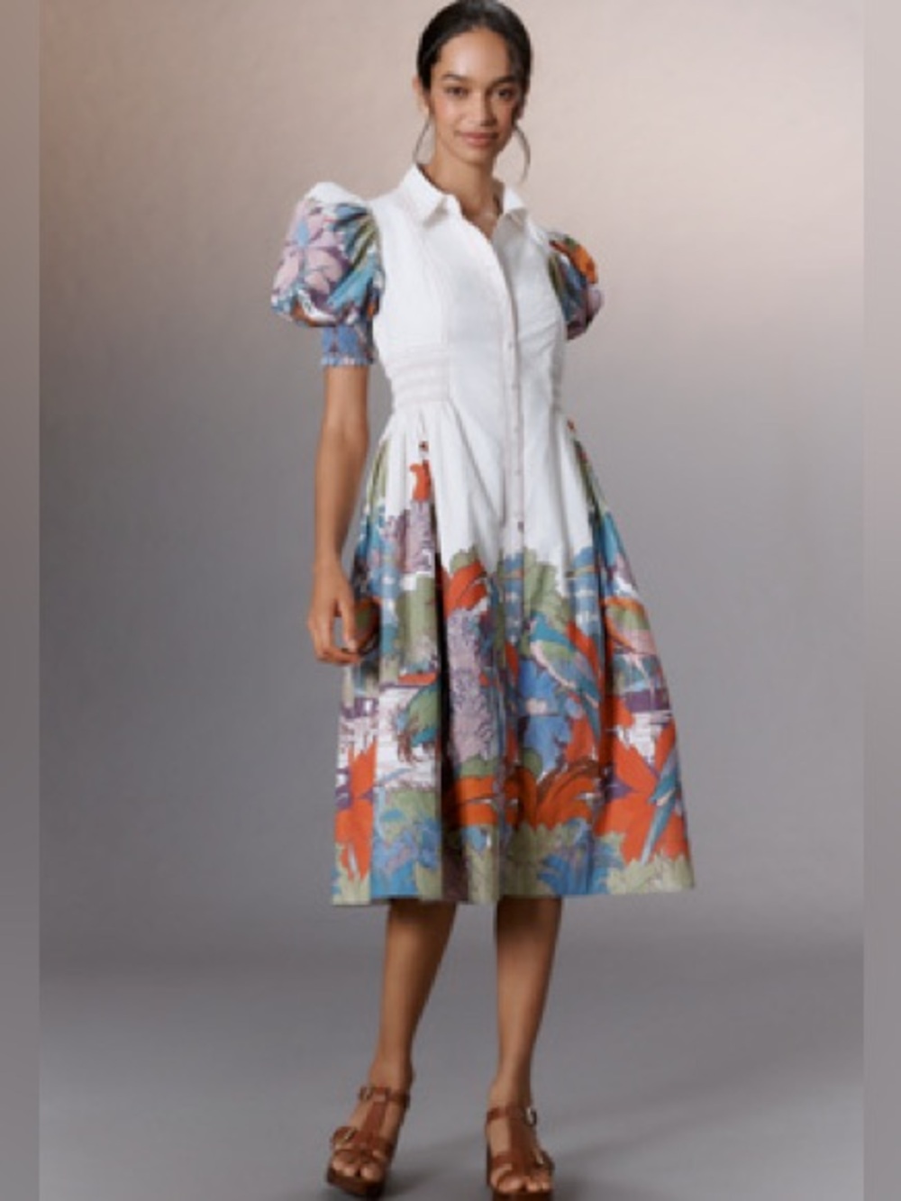 MAEVE PUFF-SLEEVE SMOCKED SHIRT DRESS